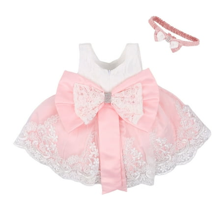 

Baby Girls Dress with Hairband Sleeveless Floral Lace Back Big Bow Round Neck Dress Multi-Layer Mesh TuTu Style Back Zip Dress