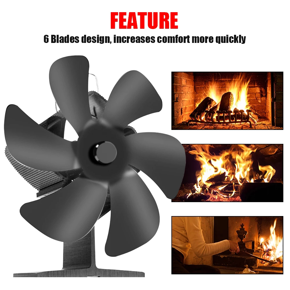 WarmthandFish 6 Blades Heat Powered Stove Fan Black Fireplace Fan Log