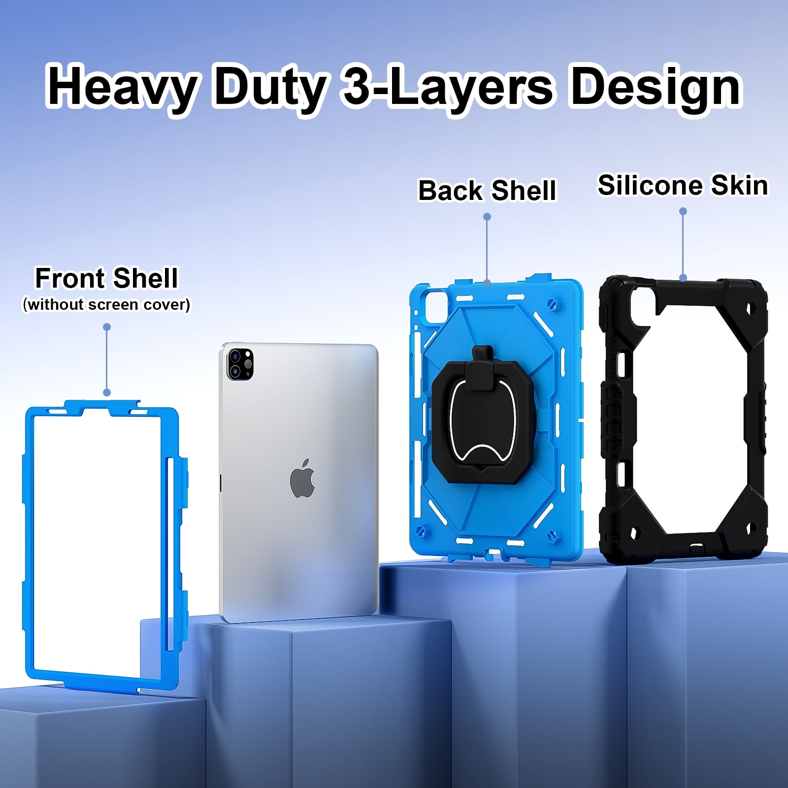 Dteck with Pencil Holder Case for iPad Pro 11-inch 4th 3rd 2nd 1st Gen,iPad Air 5th/4th Generation Heavy Duty Silicone Case 360 Degree Rotating Handle Stand Cover with Shoulder Strap,Black+Blue
