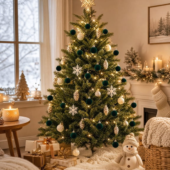 Homenest Flocked Christmas Tree Ornaments Set of 49 Hanging Balls for Holiday Xmas Decor Green