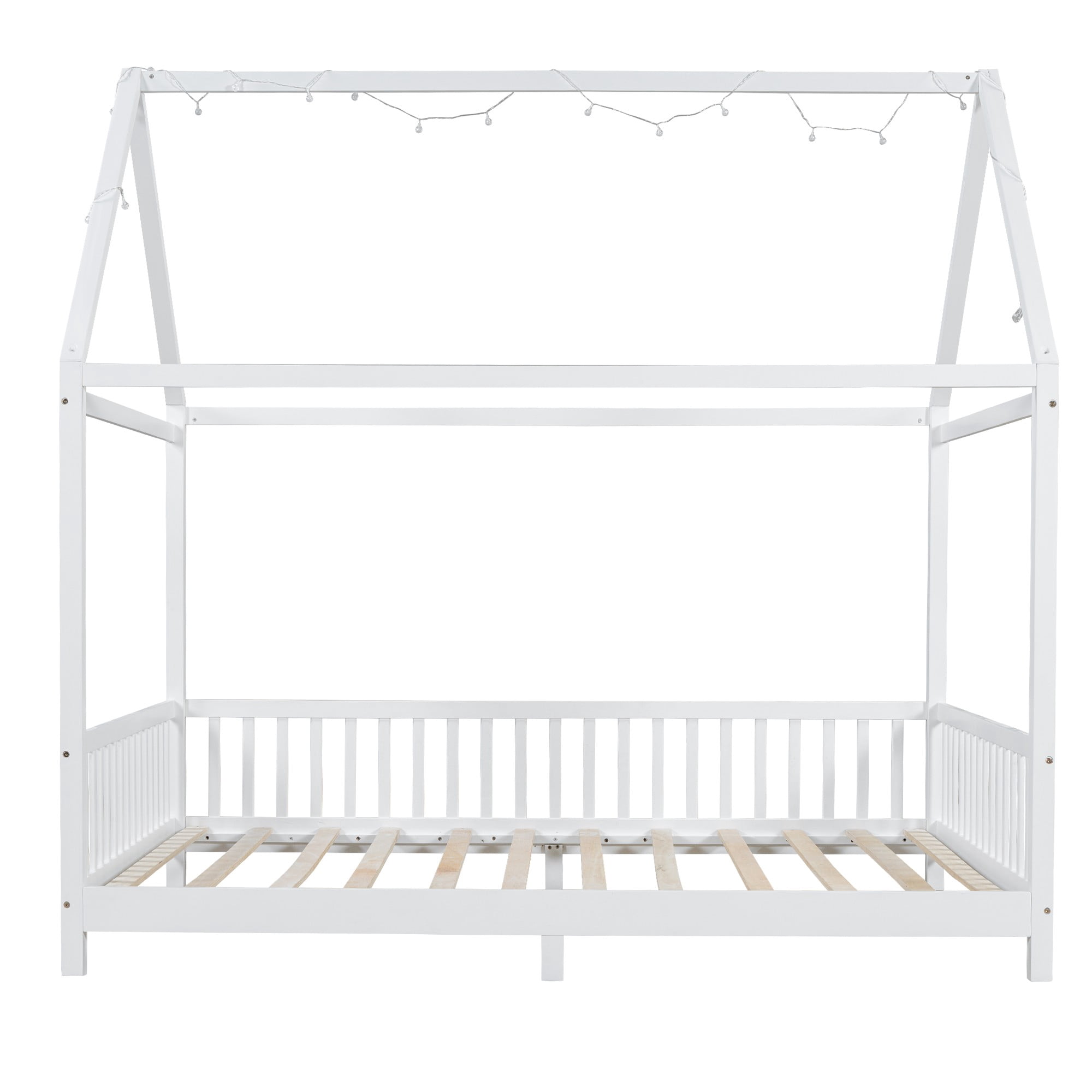 Solid and Stable Wood Full Size House Bed with Guardrail and Led (White)