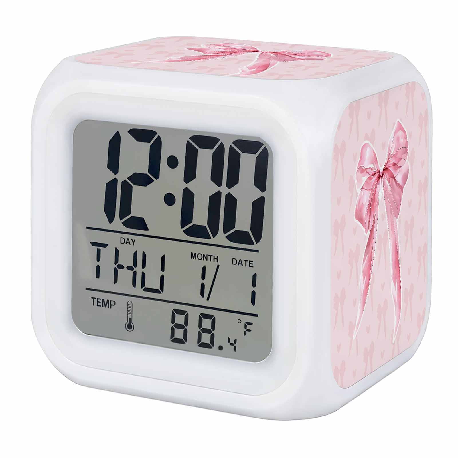Pink Bow Alarm Clock, Cute Coquette Watercolor Bow Knot Ribbon Love Heart Digital Clock Night Light with 7 Color, Calendar Temperature Display, LED Desk Small Clock for Bedrooms Bedside Living Room