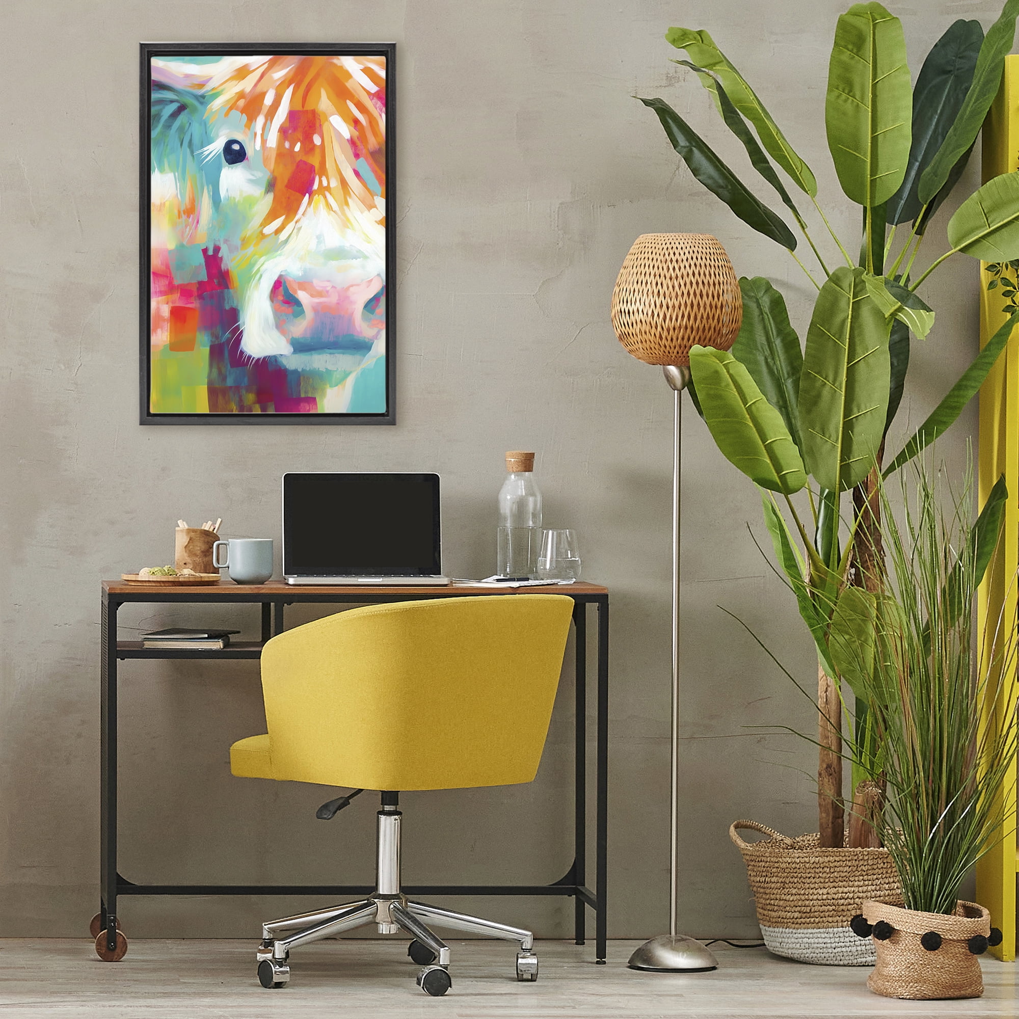 Stupell Industries Highland Portrait in Brights Black Framed Floater Canvas Wall Art, design by Chromatic Storm Studio