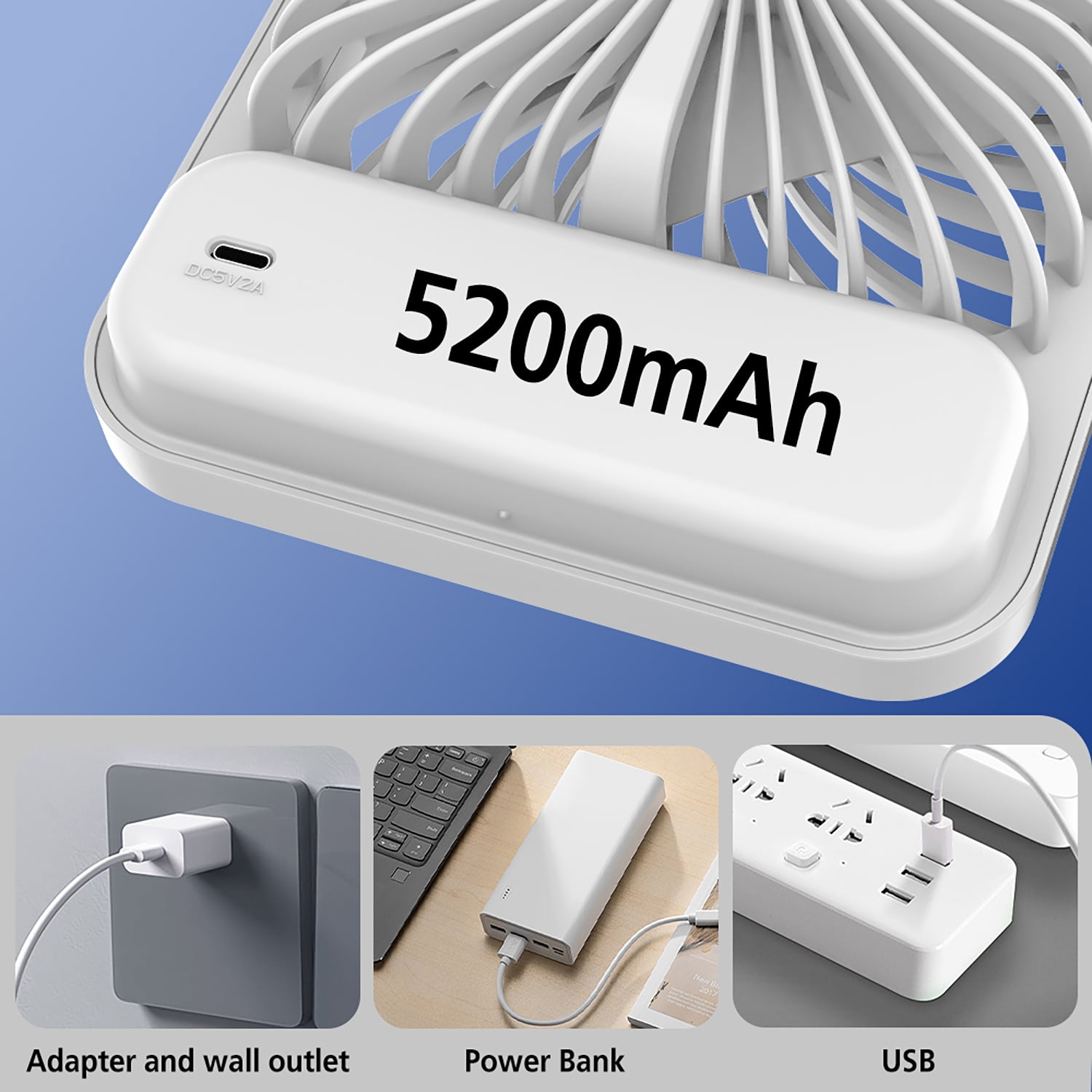 Mainstays 4 in 3-Speed Portable Rechargeable Foldable Fan with Lighted Button, White, Model FN1041NW