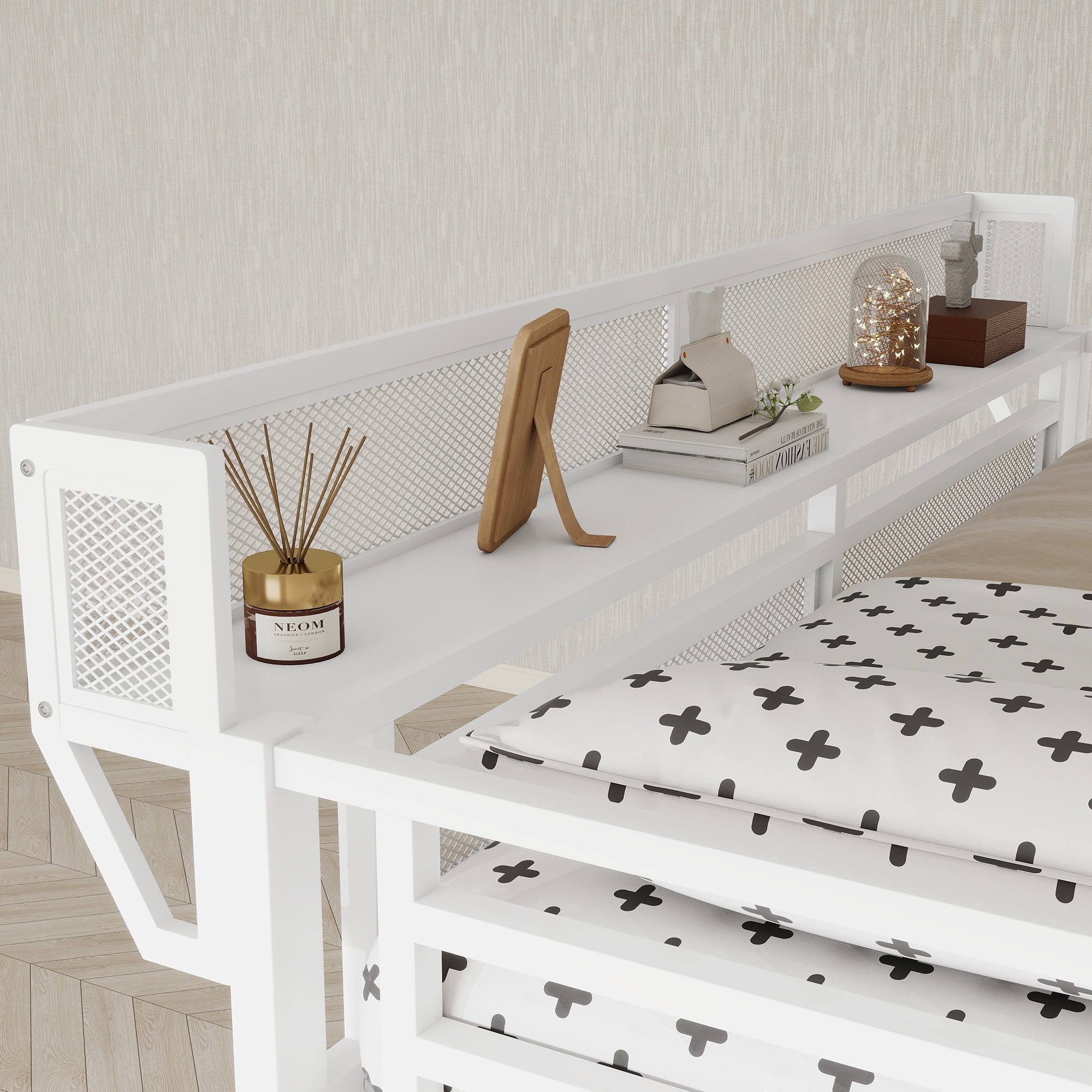 Mirightone Full Size Loft Bed with Stairs, Heavy-Duty Metal Loft Beds, High Loft Bed Frame with Storage Shelves, Junior loft Bed with Wardrobe for Boys Girls and Teens.( White)