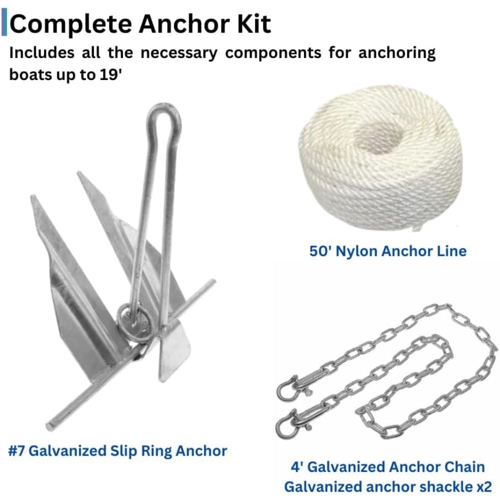 Blue Dog Marine Kit d'ancre de bateau à bague collectrice en acier galvanisé, ancre Fluke #7 | Ancres de bateau de 7 LBS pour bateaux jusqu'à 19'