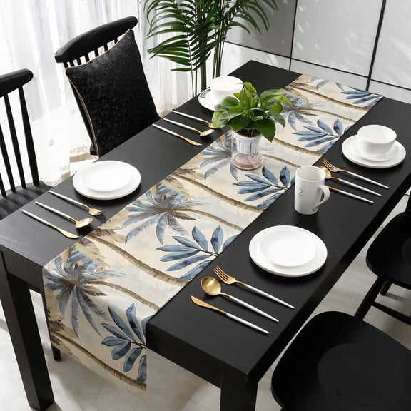 Navy Blue Palm Trees Cotton Linen Table Runner 18 x 72 inch Retro Summer Botanical Watercolor Non-slip Rectangular Dining Table Decor for Wedding Party Holiday Dinner