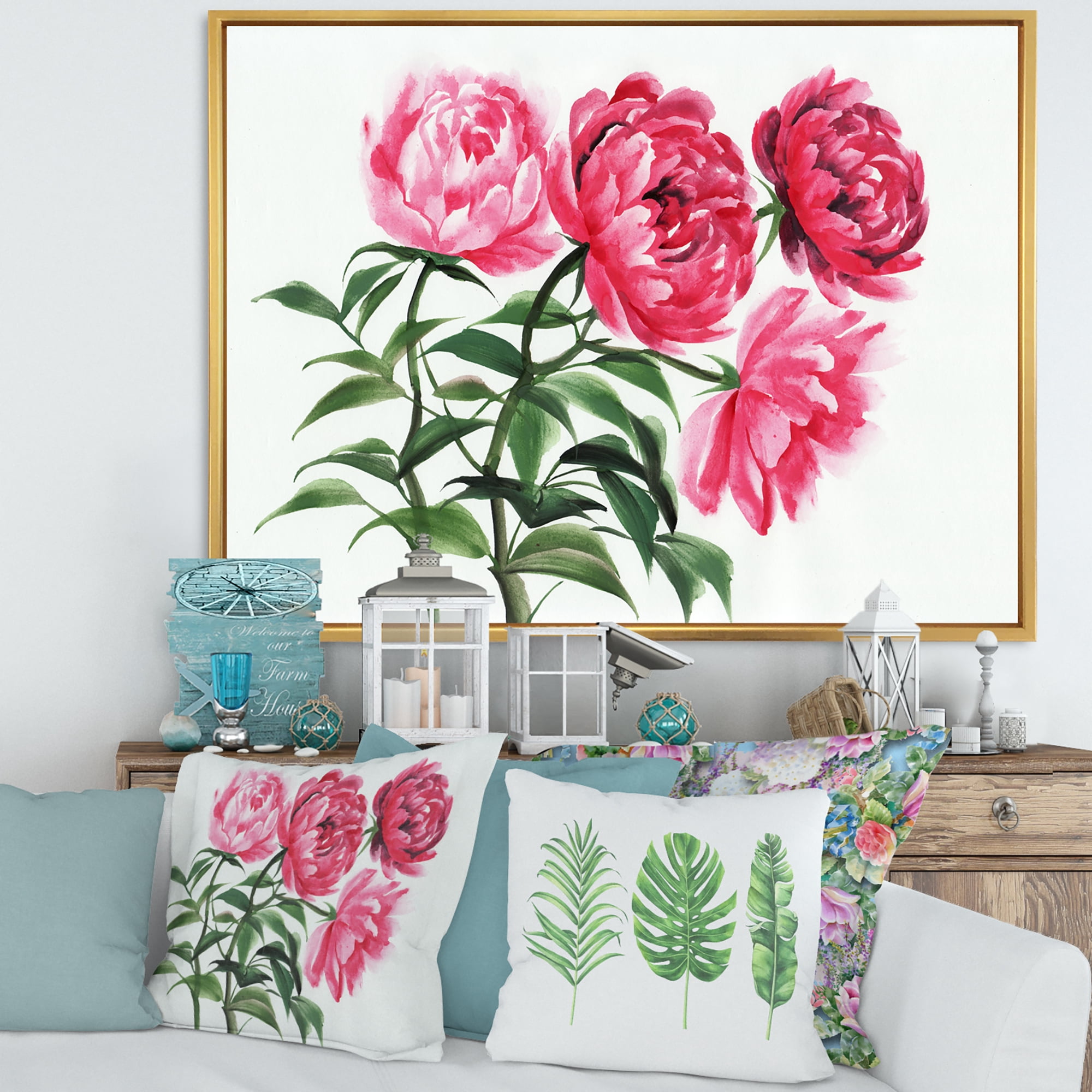 Abstract Four Vintage Pink Peonies 20 in x 12 in Framed Painting Canvas Art Print, by Designart