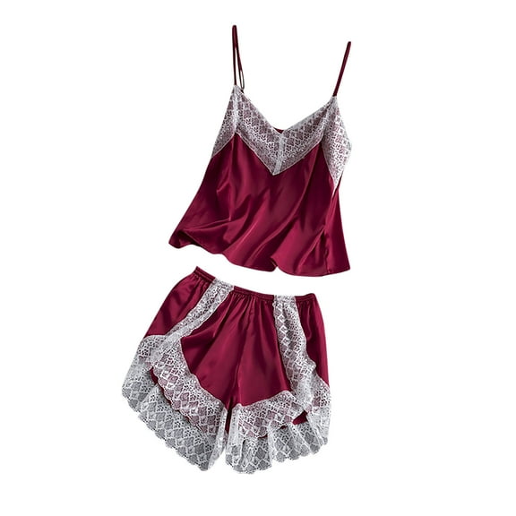 biudgviw Silk Pajamas for Women Set Lace Trim 2 Piece Sleepwear Lightweight Comfy V Neck Sleeveless Tops and Shorts Pj Sets