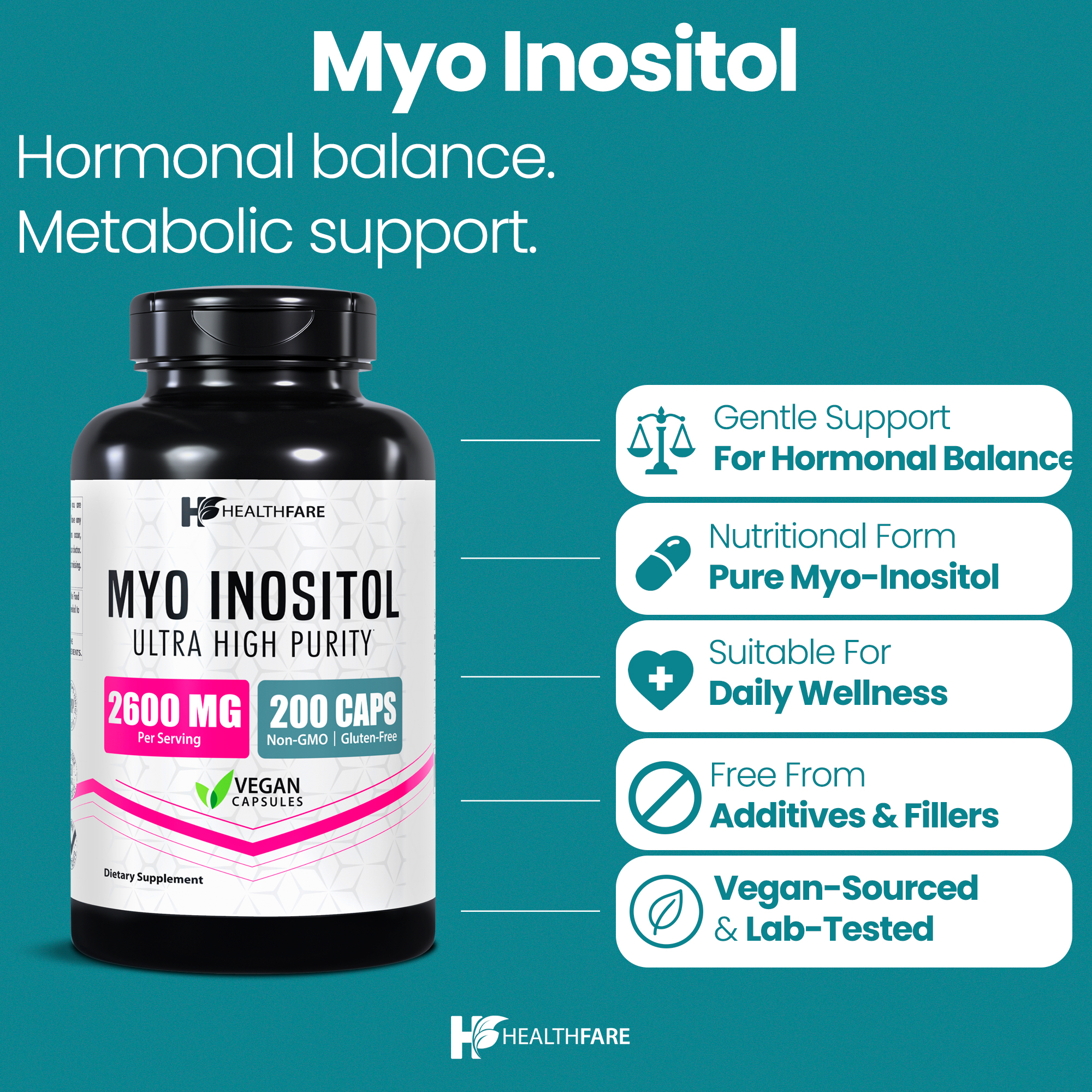 HealthFare Myo Inositol Supplement, 2600mg | 200 Veg Capsules | Ultra Strength | Healthy Ovarian Support for Women | Vitamin B8 for Women