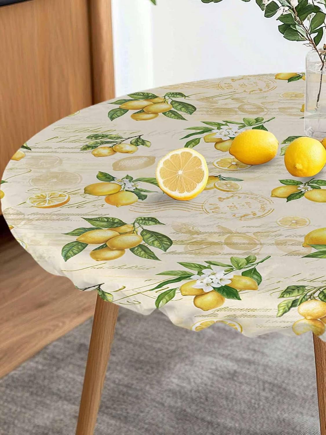 Round Fitted Tablecloth Elastic Edged Table Cover,Summer Farmhouse Lemon on Vintage Stamp Waterproof Wipeable Table Cloths for Kitchen Dining Party Fit up 36"-44" Tables,Rustic Fruit Theme