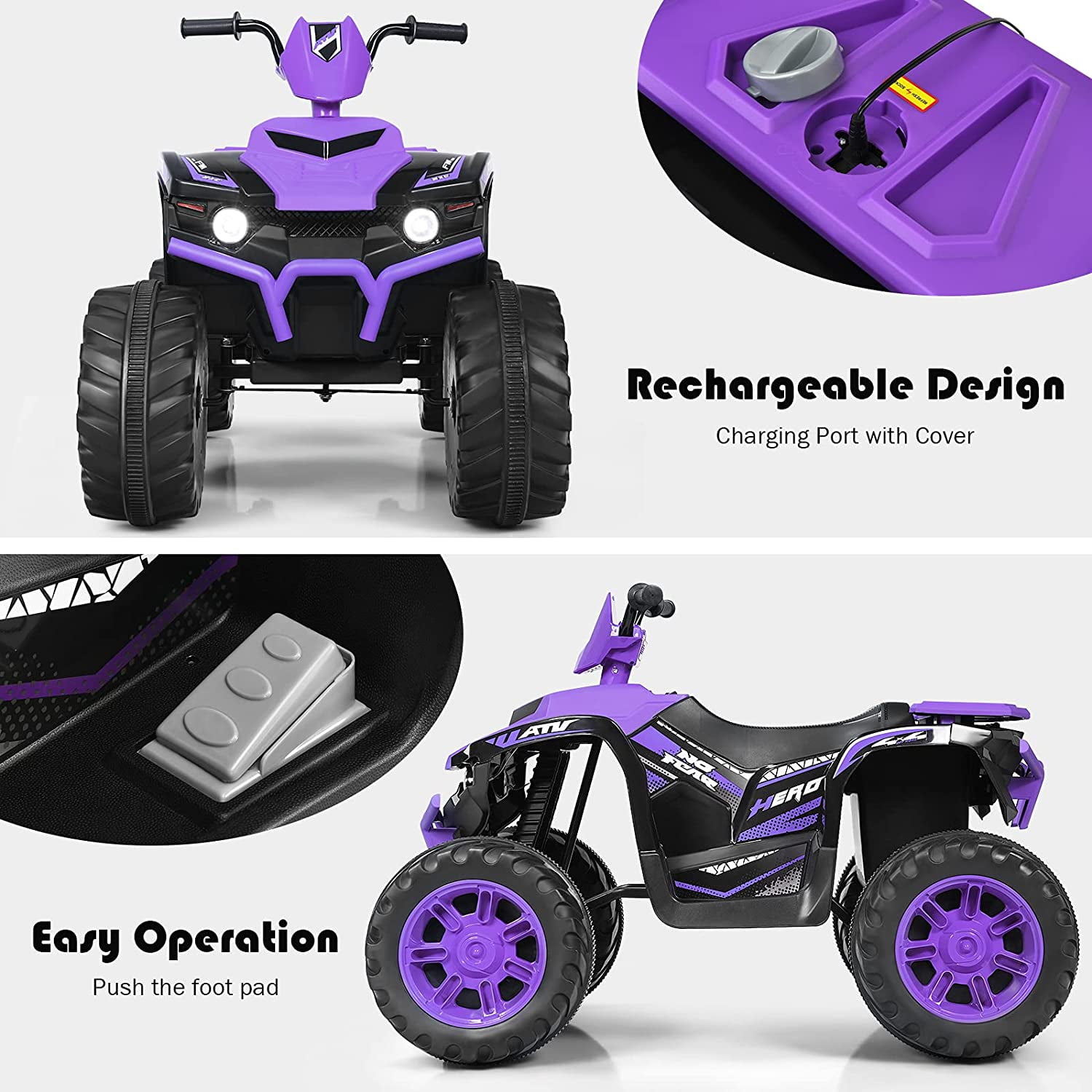 Infans 12V Kids 4-Wheeler ATV Quad Ride On Car w/ LED Light & Music Purple