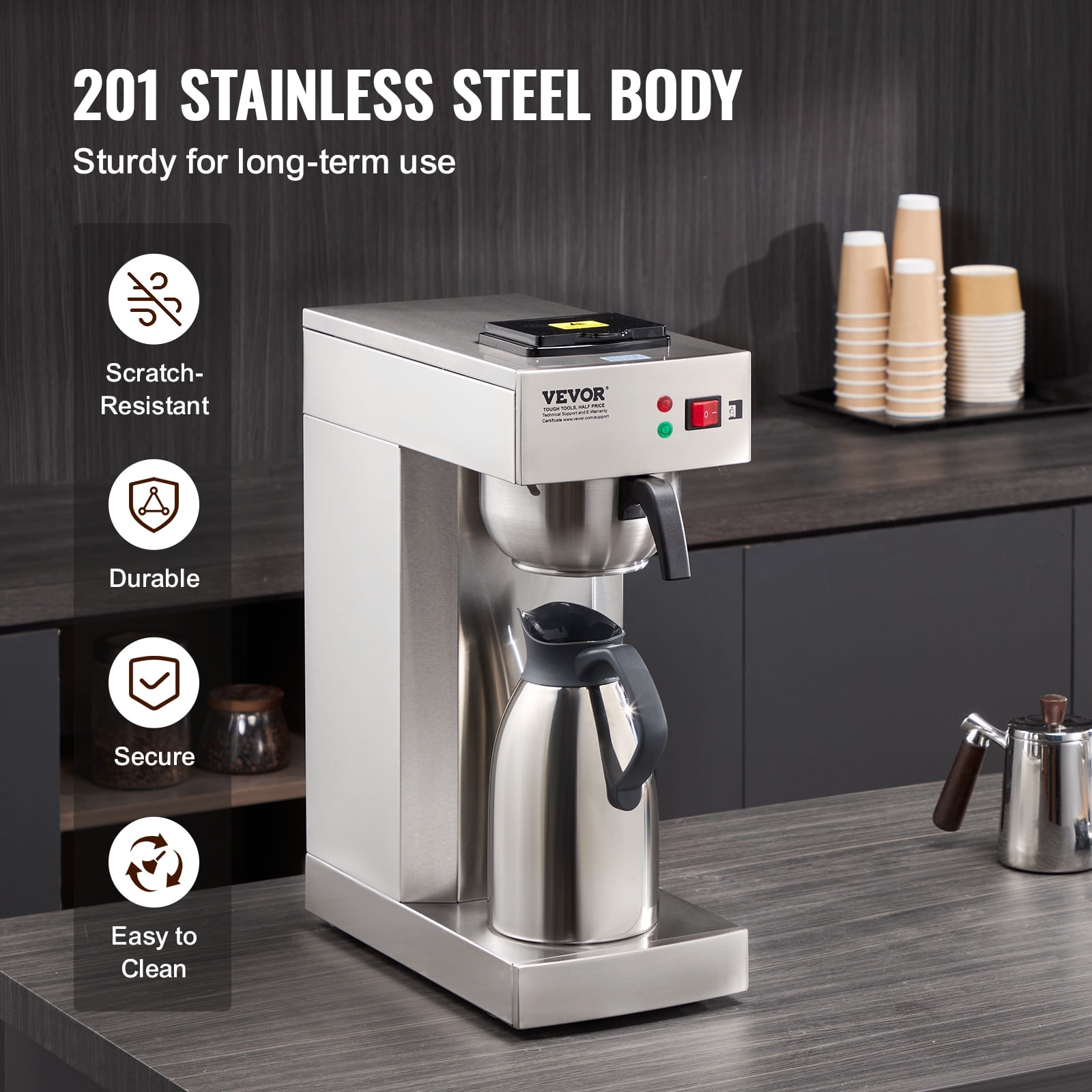 VEVOR 12 Cups Commercial Drip Coffee Maker, Coffee Maker Machine with Thermal Carafe to Keep Warm or Cold, Stainless Steel Pour Over Coffee Brewer for Restaurant, Office, Cafe