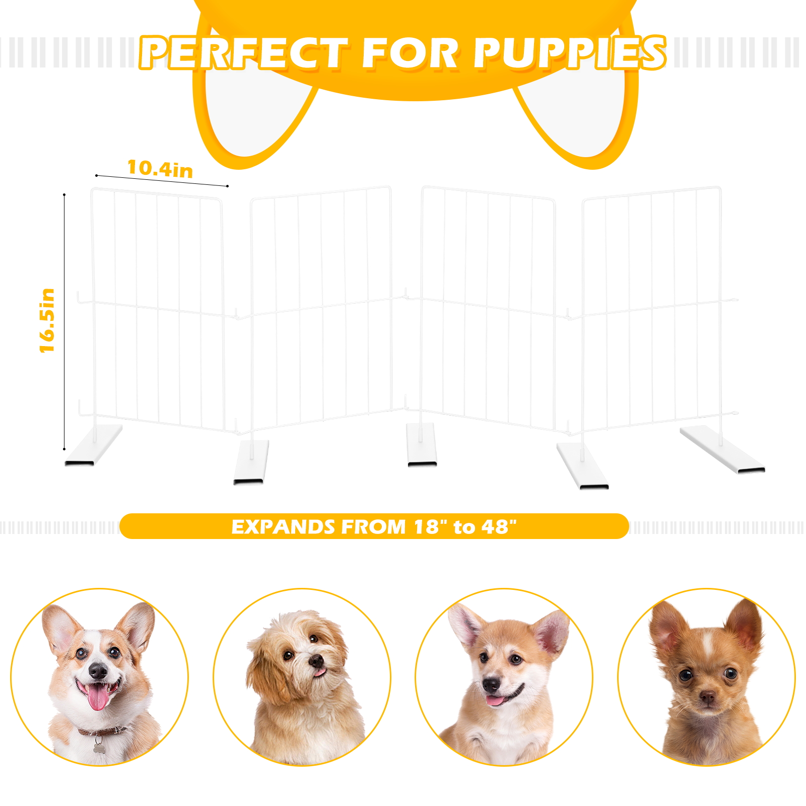 4 Panels Pet Gate for Puppies - Expandable Dog Fence Freestanding, Pet Barrier, Stable in Multiple Shapes, Easy Step Over Design for All Dog Sizes - White