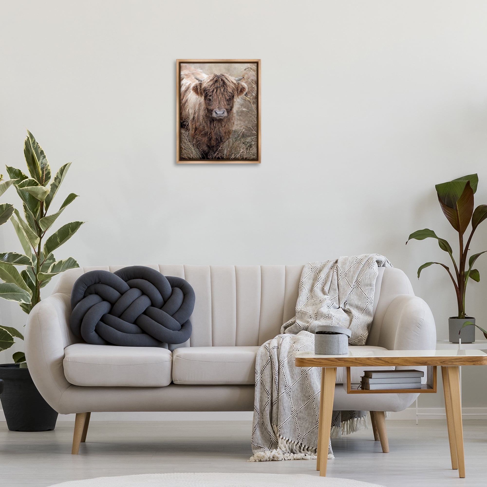 Stupell Industries Baby Cattle with Reeds Animals & Insects Painting Brown Floater Framed Canvas Art Print Wall Art, 17 x 21