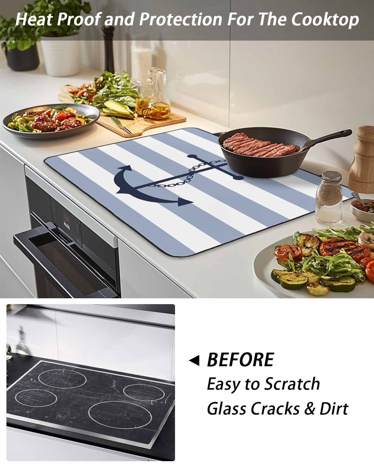 Stove Top Covers for Electric Stove,Blue White Striped Glass Stovetop Cover Protector,Navy Blue Beach Nautical Anchor Ocean Coastal Induction Cooktop Protector Oven Mat for Kitchen Countertop 24"x21"