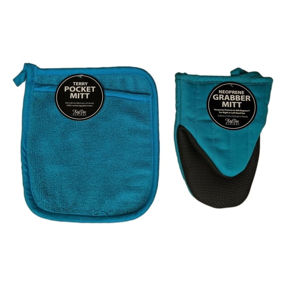 PEACOCK Blue Pocket Potholder Mitt & Oven Grabber Mitt Set, by Kay Dee