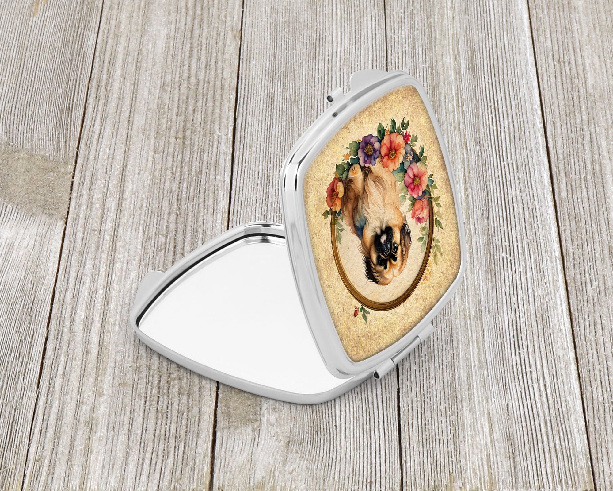 Pekingese and Flowers Compact Mirror 2.75 in x 3 in