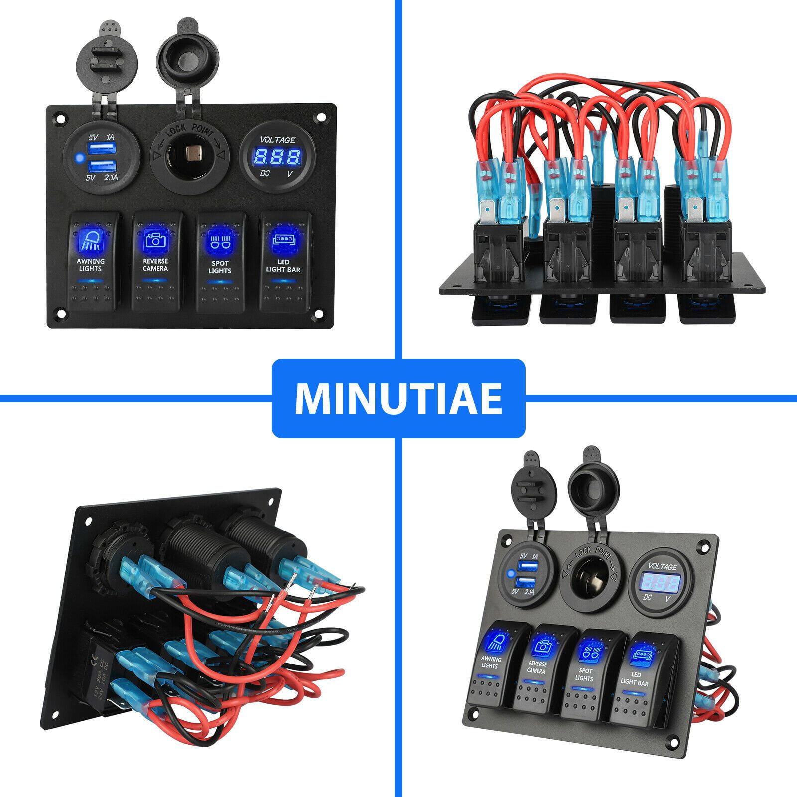 12-24V 4 Gang Toggle Blue LED Rocker Switch Panel Circuit Breaker Waterproof for Car Marine Boat