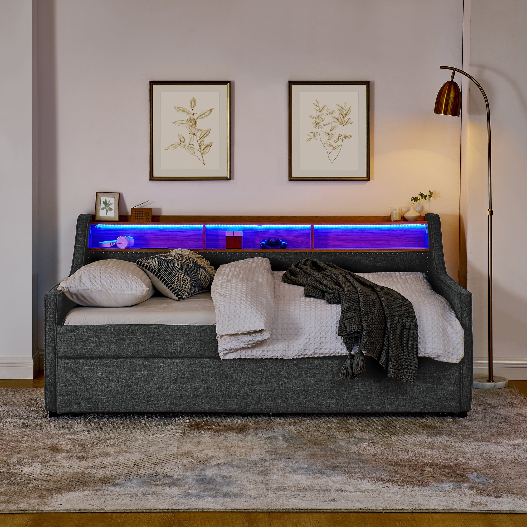 Leumius Twin Size Upholstered Daybed with Trundle,Comfy Sofa Bed with LED Lights,Wireless Charging,Storage Adjustable Headboard,Gray