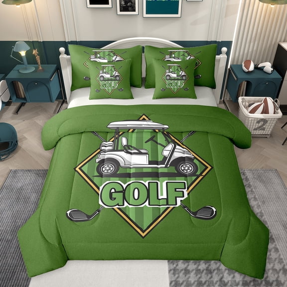 Feelyou Cartoon Golf Truck Bedding Comforter Set 7 Pieces, Modern Sports Lover Full Bedding Set, Teens Kids Boys Girls Reversible Fitted Sheet Flat Sheet, Luxury Bedroom Decor