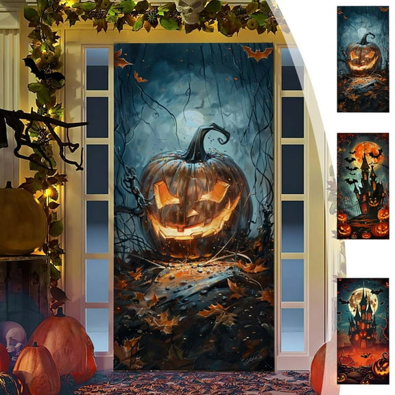 Halloween Door Cover Background Halloween Door Decorations Banner Fabric Pumpkin Ghost Hanging Door Poster Sign Banner Hanging Cloth Party Tapestry for Outdoor Indoor Halloween Party Decor