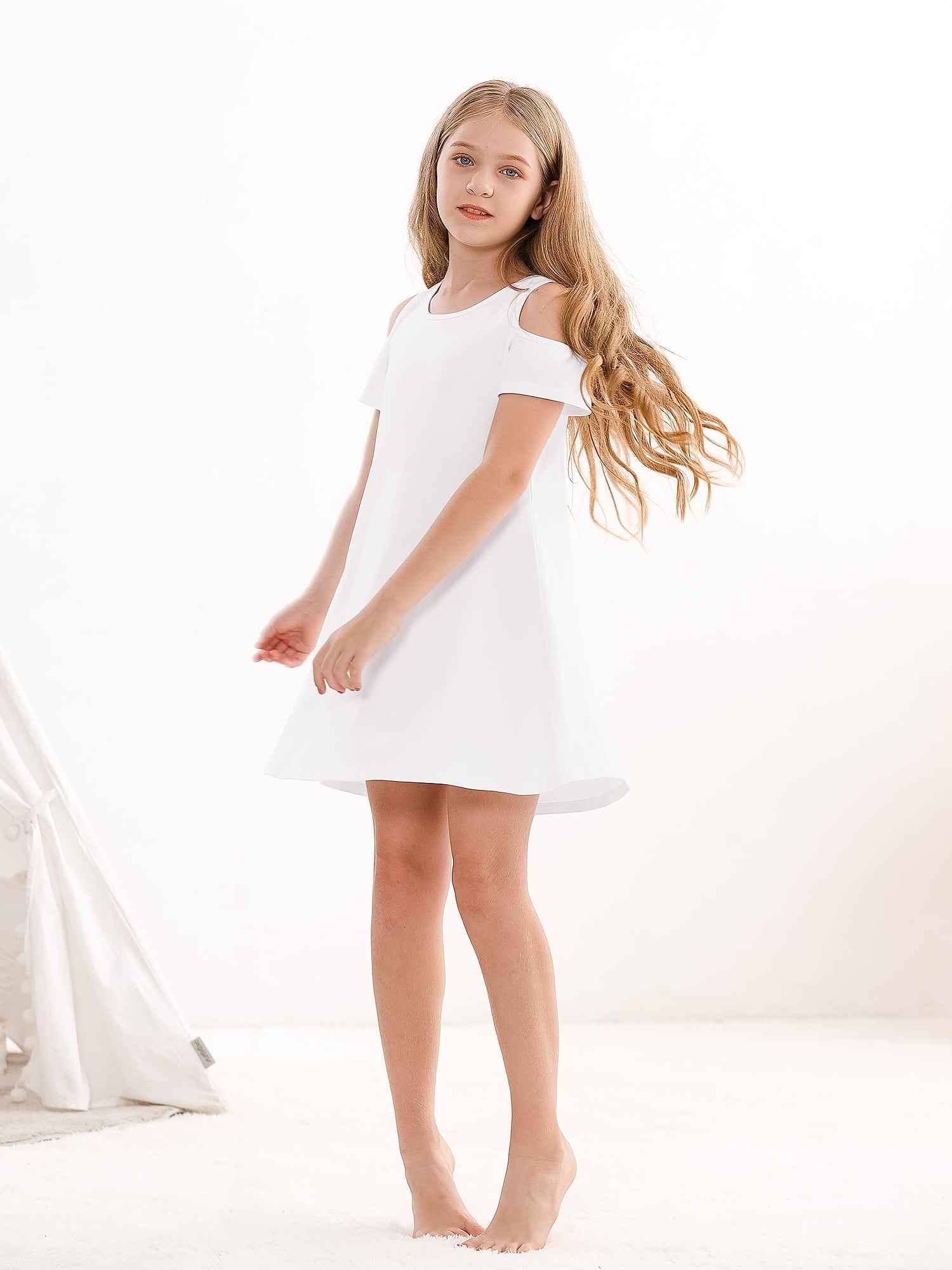 STELLE Girls Cold Shoulder Sundress Short Sleeve Solid Color Swing Casual Dresses Tweens Cotton Comfy Shift Swing A Line Midi Dress Loose Tunic Shirt