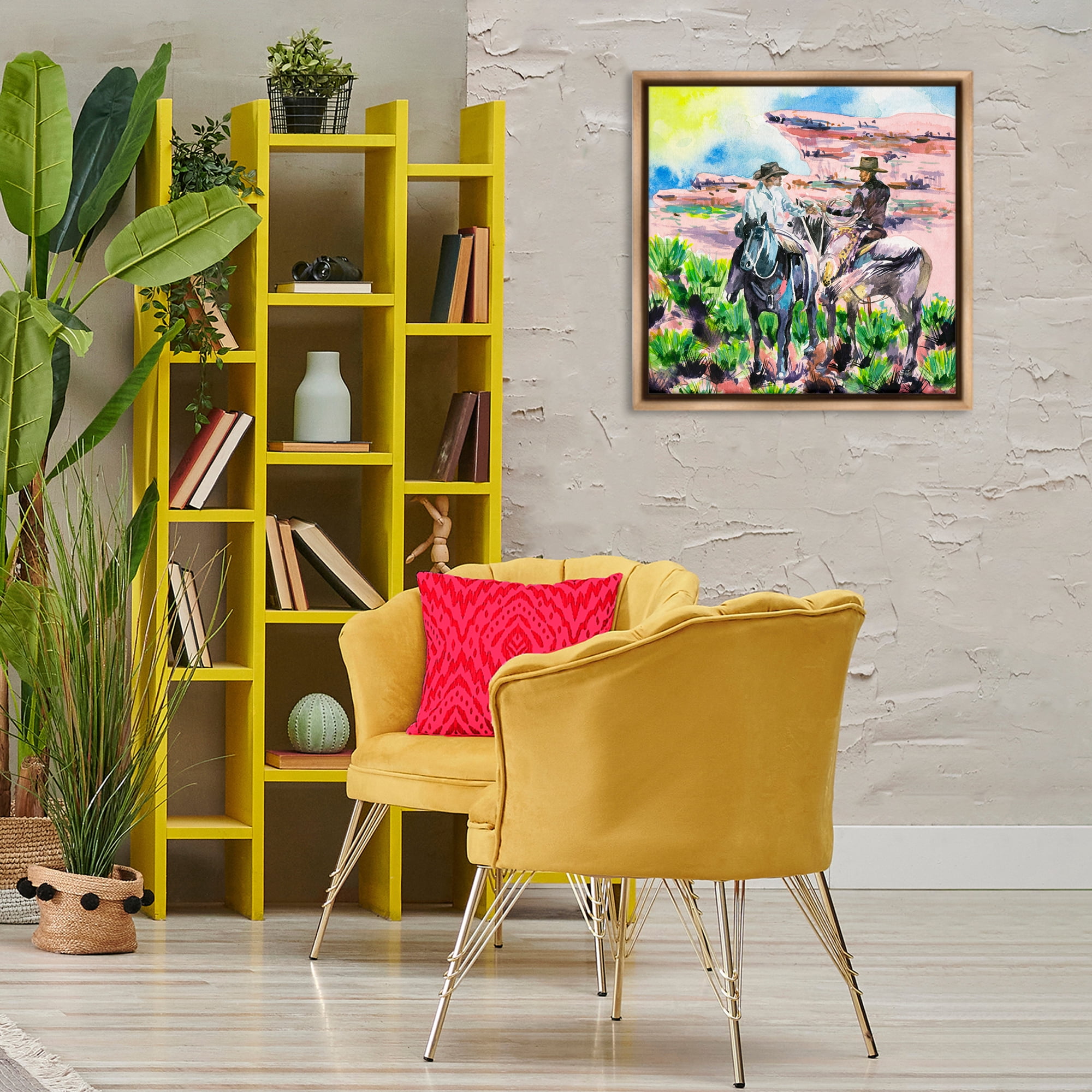 Stupell Industries Sunny Canyon Cowboys Animals Painting Brown Floater Framed Canvas Art Print Wall Art, 25 x 25