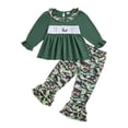 thumbnail image 3 of Pandaie 3-7Y Baby Girl Clothes Toddler Fall Winter Outfits Long Sleeve Ruffle Shirt Tops Camo Flare Pants Clothing Set Army Green 2-3 Years, 3 of 4