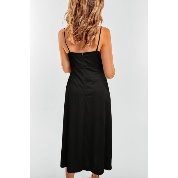 ABPHQTO Vestido largo con correa de espagueti y nudo de lazo con abertura lateral negra para mujer