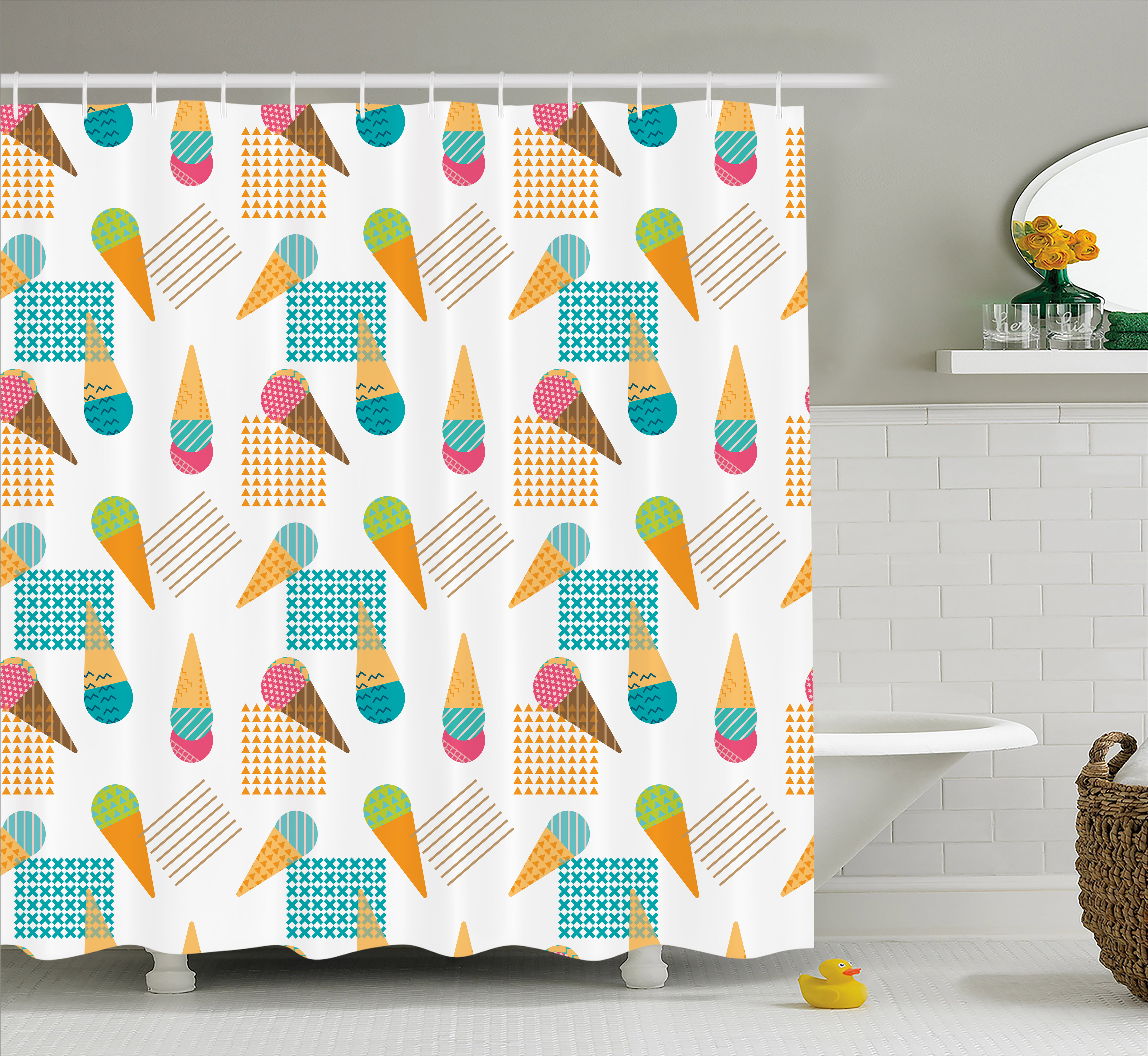 Ice Cream Shower Curtain, Pattern in Scandinavian Style Cones with