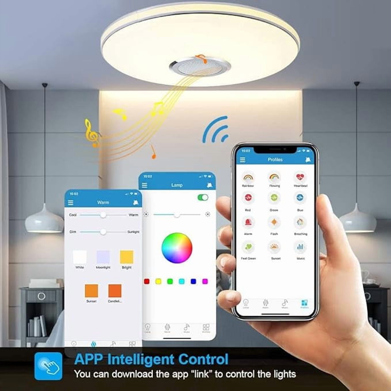 FAMKIT LED Music Ceiling Light with Bluetooth Speaker, 36W Dimmable Ceiling Lamp with Remote Control, Smart RGB APP Control Color Changing Light for Bedroom Bathroom