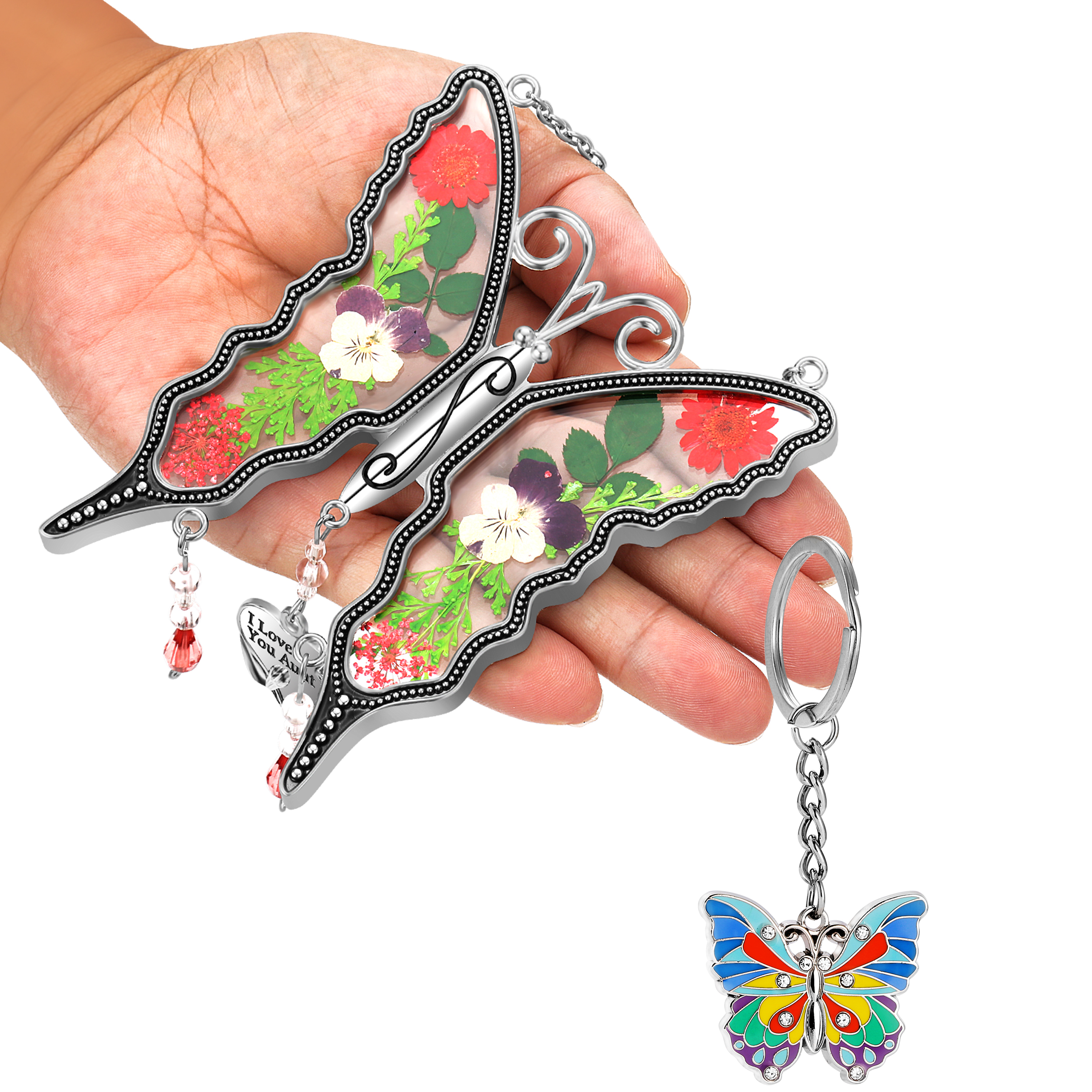 I Love You Aunt Butterfly Suncatchers& Blue Butterfly Keychain Silver Zircon & Stained glass and really flower material Color box packing Make Happy Mother's Day Gifts for Aunt Birthday Christmas