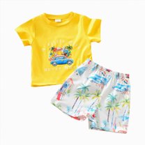 Futezty Toddler Boys Clothes Summer Outfit Sets, Baby Boys Summer Outfits Set Short Sleeve Contrast Color T-shirt with Shorts 2pcs Clothes Beach Printed Boys Suits