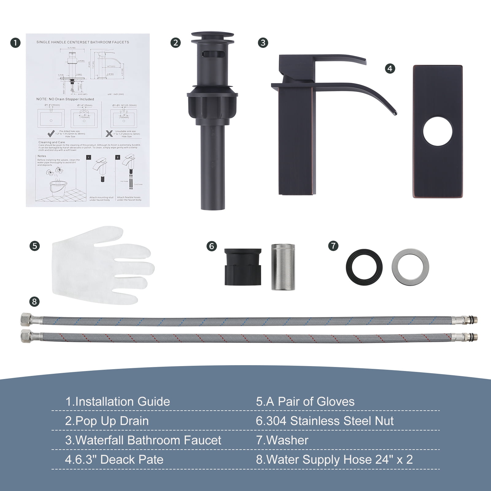Wowow Waterfall Bathroom Faucet Oil Rubbed Bronze Faucet for Bathroom Sink Single Handle Mixer Tap Lavatory Vanity Faucet with Deck Plate and Pop Up Drain, 1 or 3 Hole