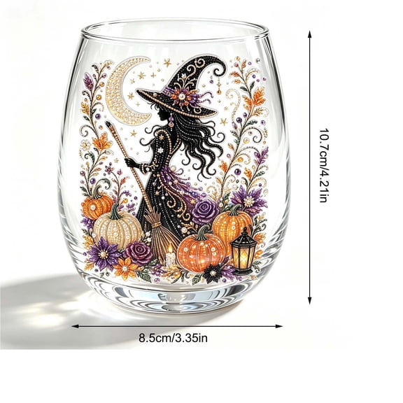 WWLQHUI Halloween Stemless Wine Glass,Rhinestone Witch Pumpkin Clear 4.2in Glass Tumbler for Fall Party Spooky Home Decor