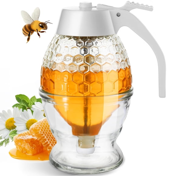 Dispensador de miel Timtopno, vidrio sin goteo, 240 ml, con soporte