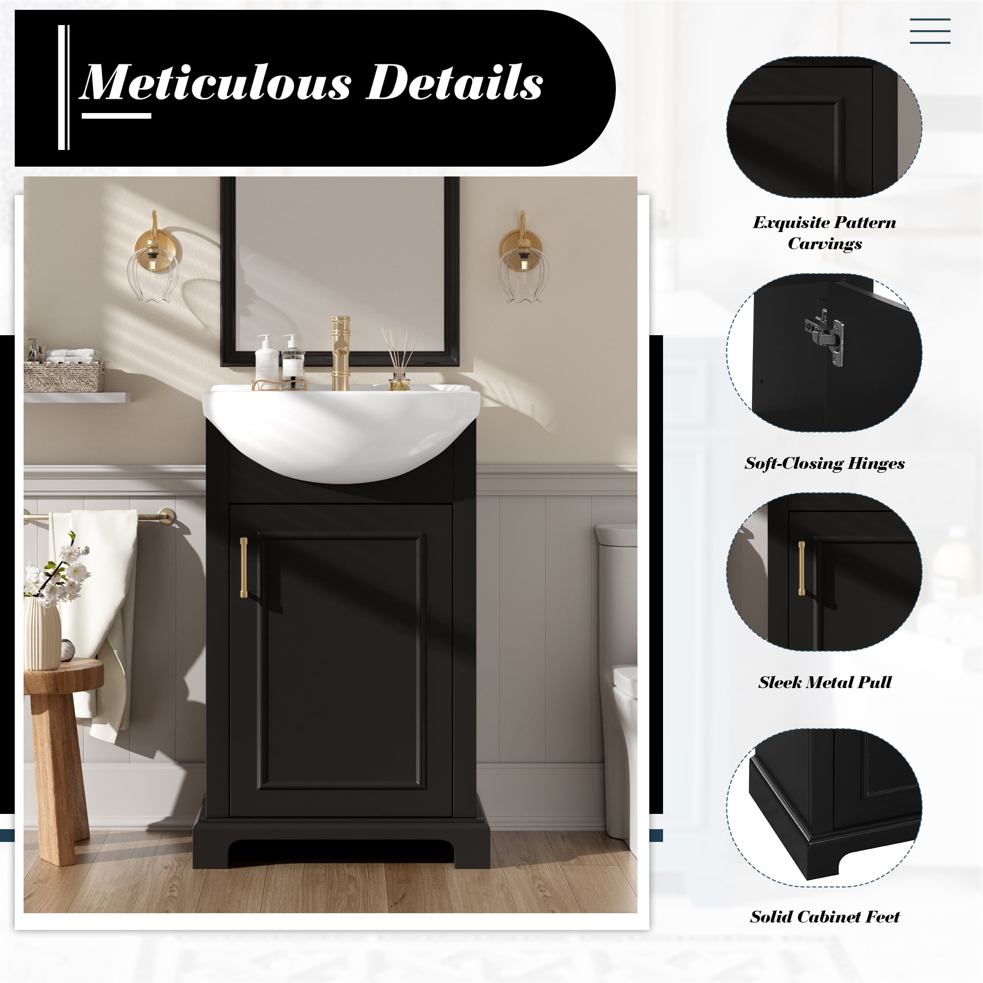 GARITIN Bathroom Vanity 20 Inch, Freestanding Single Vanity Set with Ceramic Sink and Soft Closing Door for Small Bathroom, Black