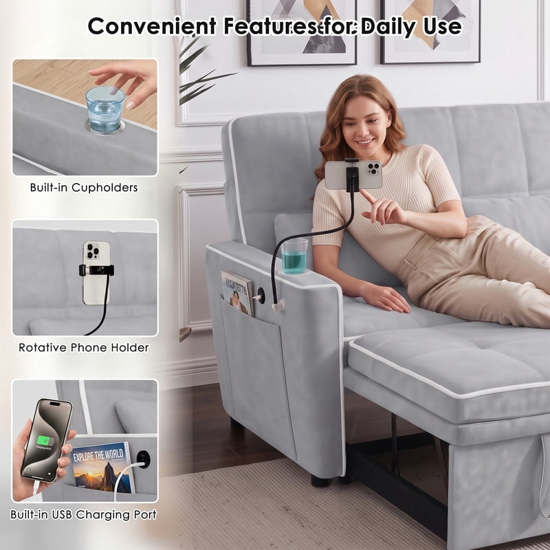 Anpport 54" 3‑in‑1 Convertible Sleeper Sofa Bed, Loveseat with White Trim, USB Charging Port, Phone Stand, 2 Cup Holders and 2 Pillows for Living Room, Bedroom and Apartment, Light Gray