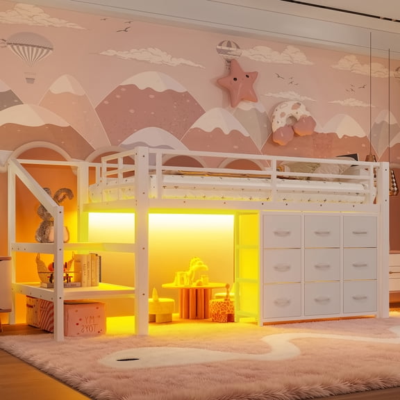 DRNANLIT Twin Low Loft Bed with Storage Stairs, Fabric Drawers & Shelves, Lights, White