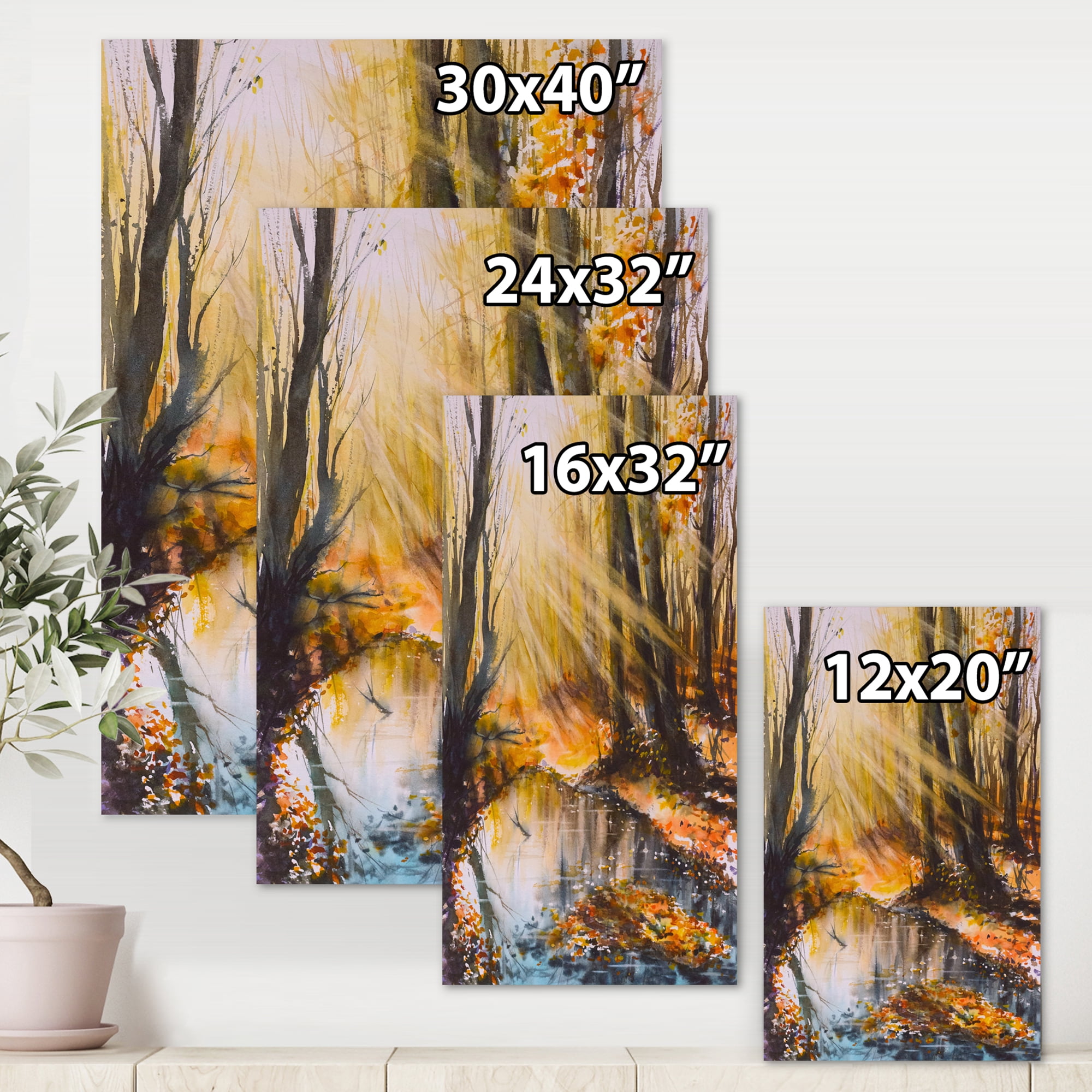 Bright Sunshine Through The Brown Forest Trees 24 in x 32 in Painting Canvas Art Print, by Designart