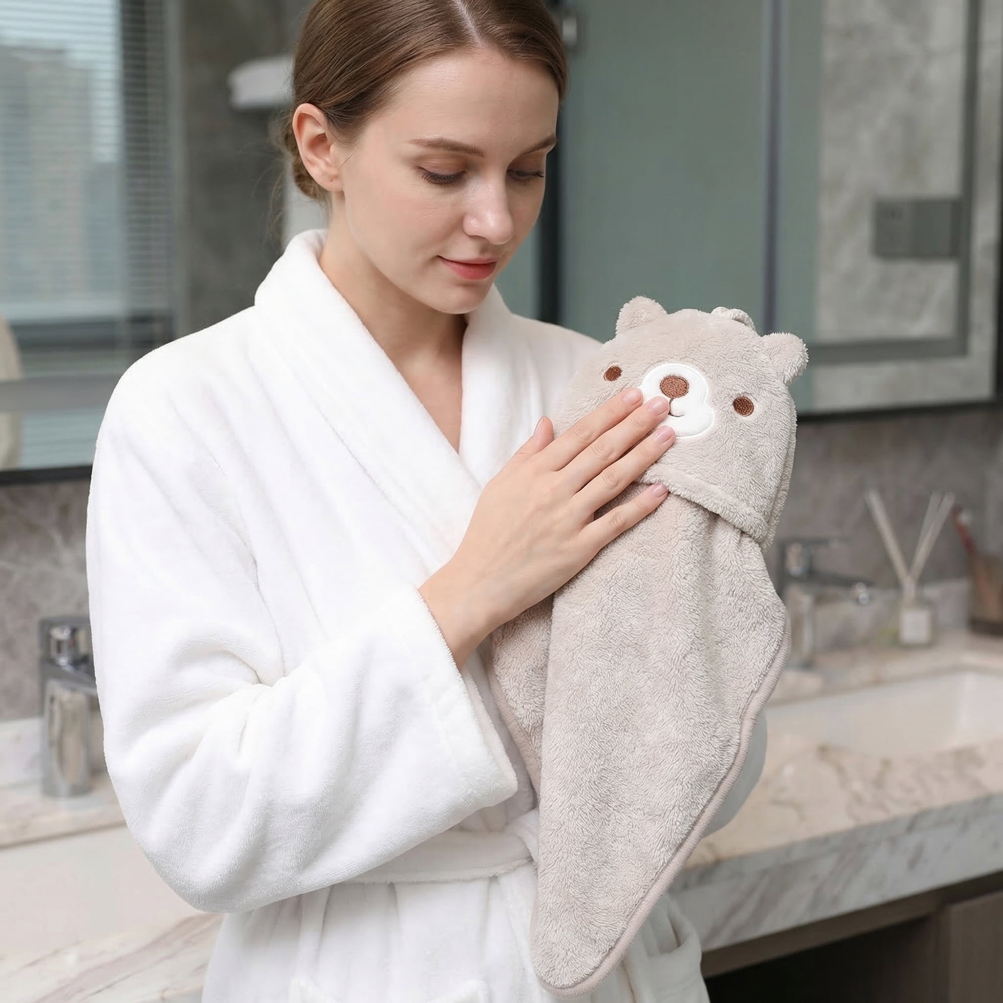 Unique Bargains Animal Hanging Soft Absorbent Hand Towel Brown Bear 15" x 8"