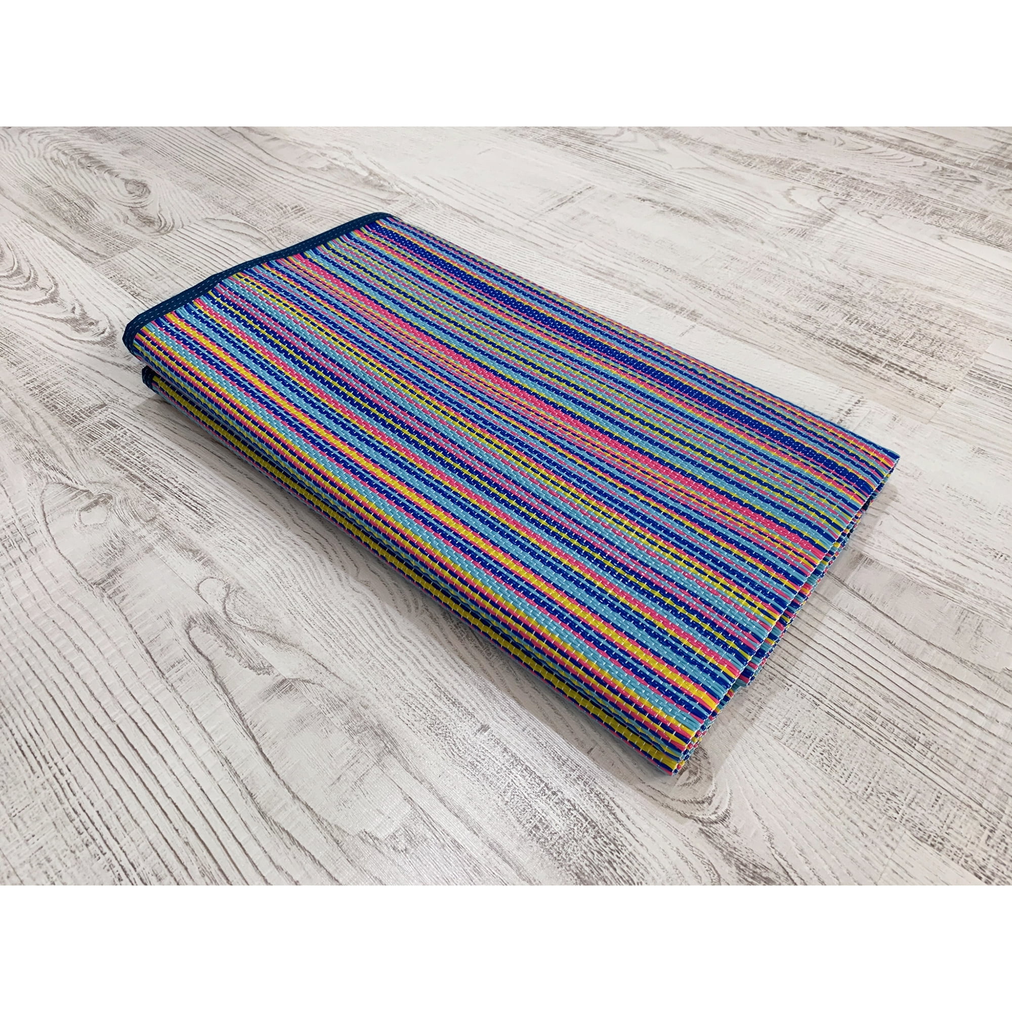 Luna Contemporary Stripe Multicolor Polypropylene Reversible Plastic Straw Outdoor Area Rug, 7'11'' x 10'3'' Rectangle