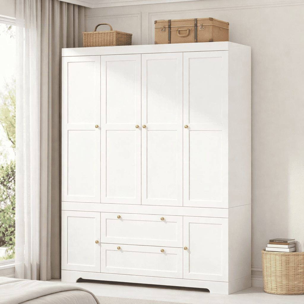 MONSLIPA 4-Door Wardrobe Armoire Closet with Mirror, Drawers and