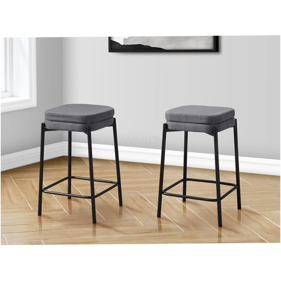 Modern Counter Bar Stools Set of 2, Backless Kitchen Stools with Black Metal Legs & Grey Padded Seat