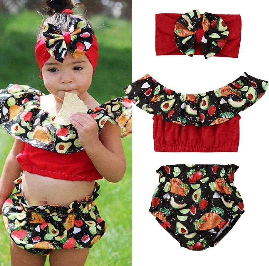 Canis Cute 3PCS Toddler Kids Baby Girls Fruit Floral Crop Tops Shorts