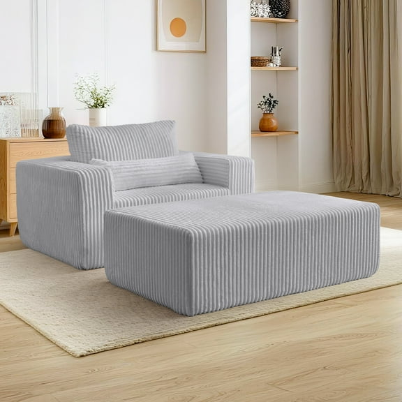 YSICK 54.7"W Upholstered Chaise Lounge Chair Indoor with Ottoman, Corduroy Sofa Bed Cozy Sleeper Couch for Living Room, No Assembly Required, Grey