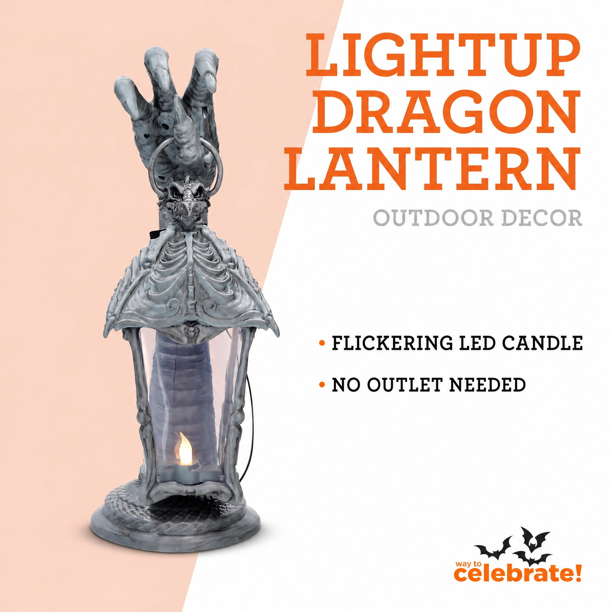 Light-Up Dragon Lantern Decoration, Gray, 16.7", Halloween by Way To Celebrate