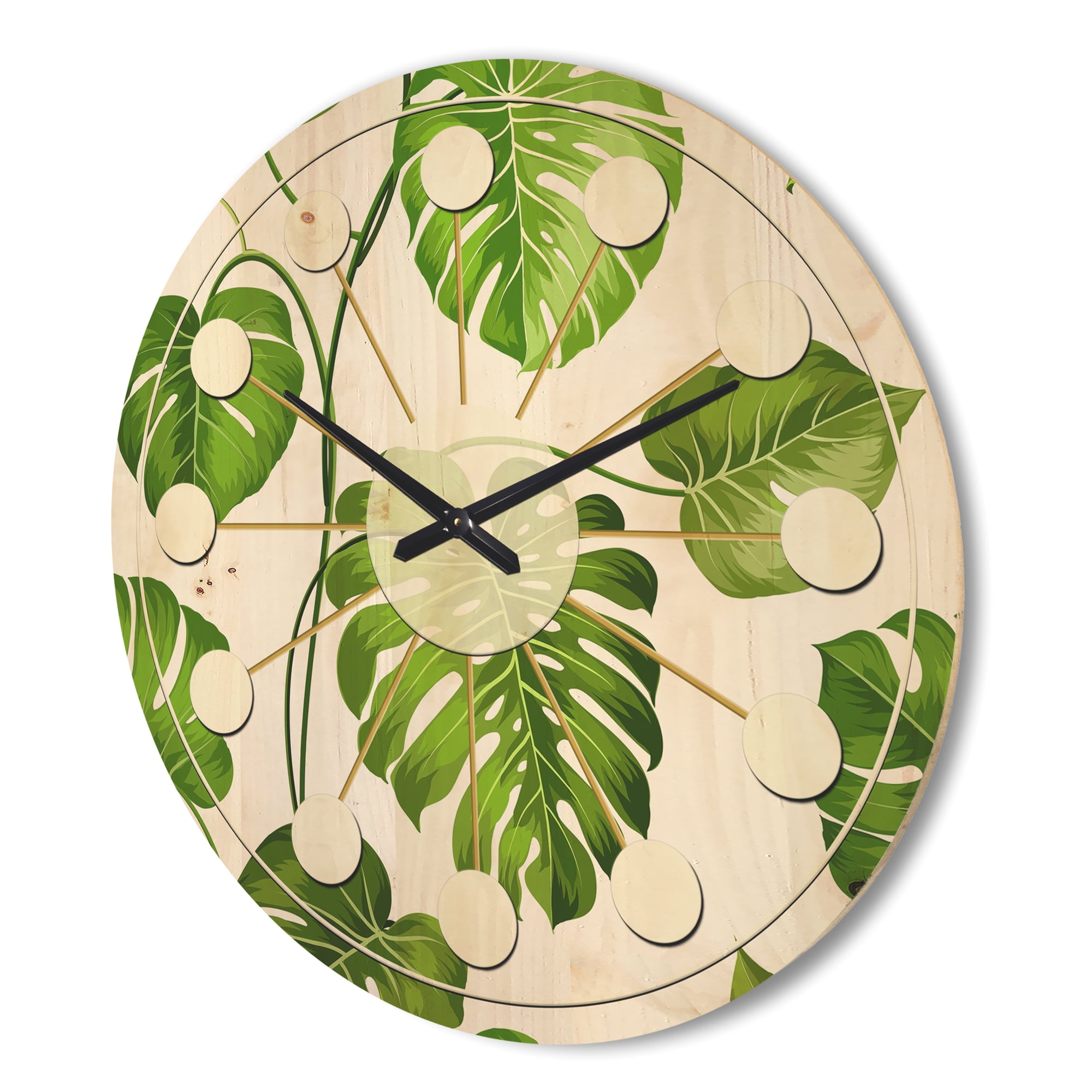 Designart 'Palm Tropical Leaves II' Mid-Century Modern Wood Wall Clock