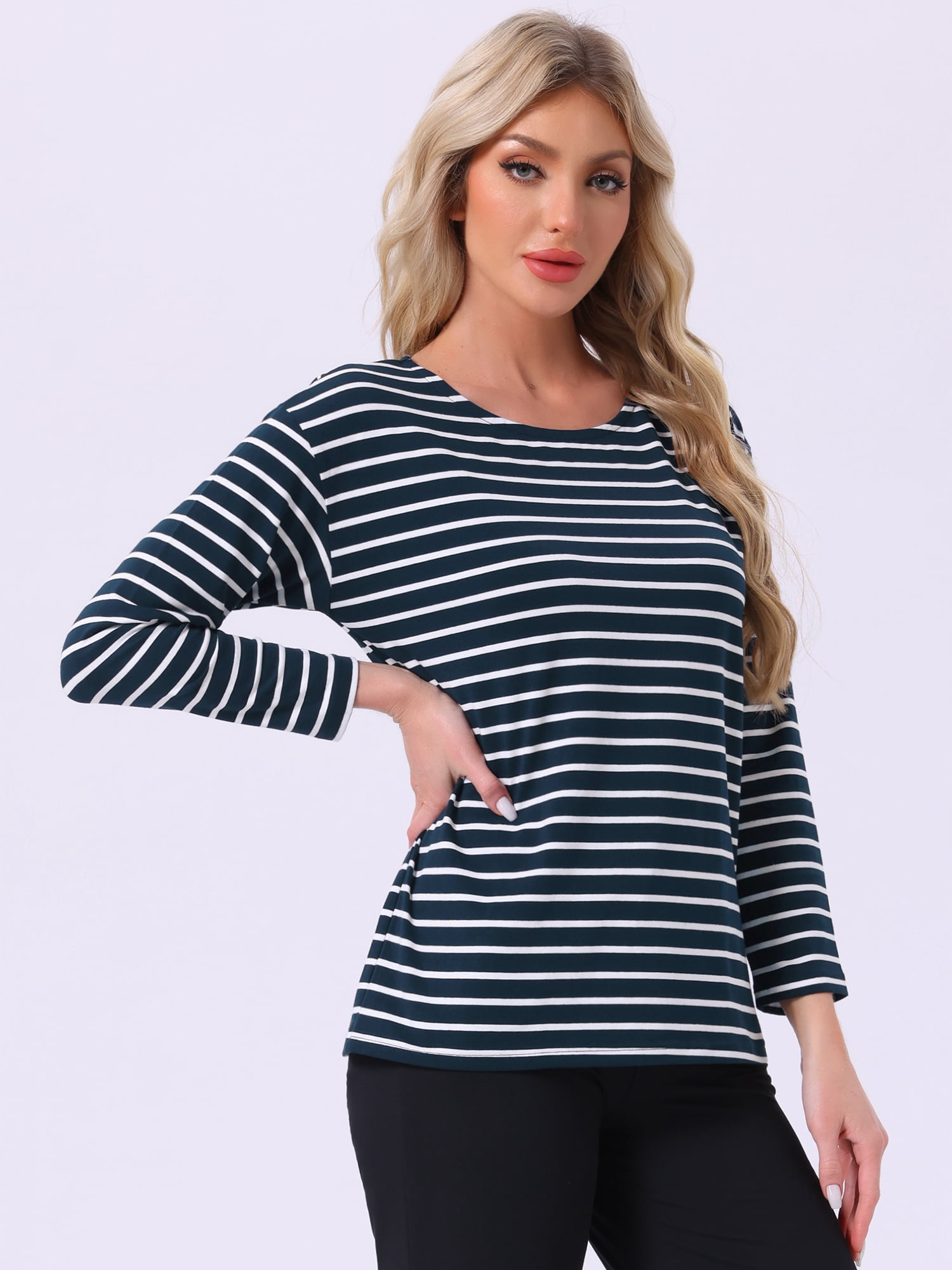 DARING DIVA Pajama Striped Cotton Long Sleeve Crew Neck Sleep Shirts S Navy Striped
